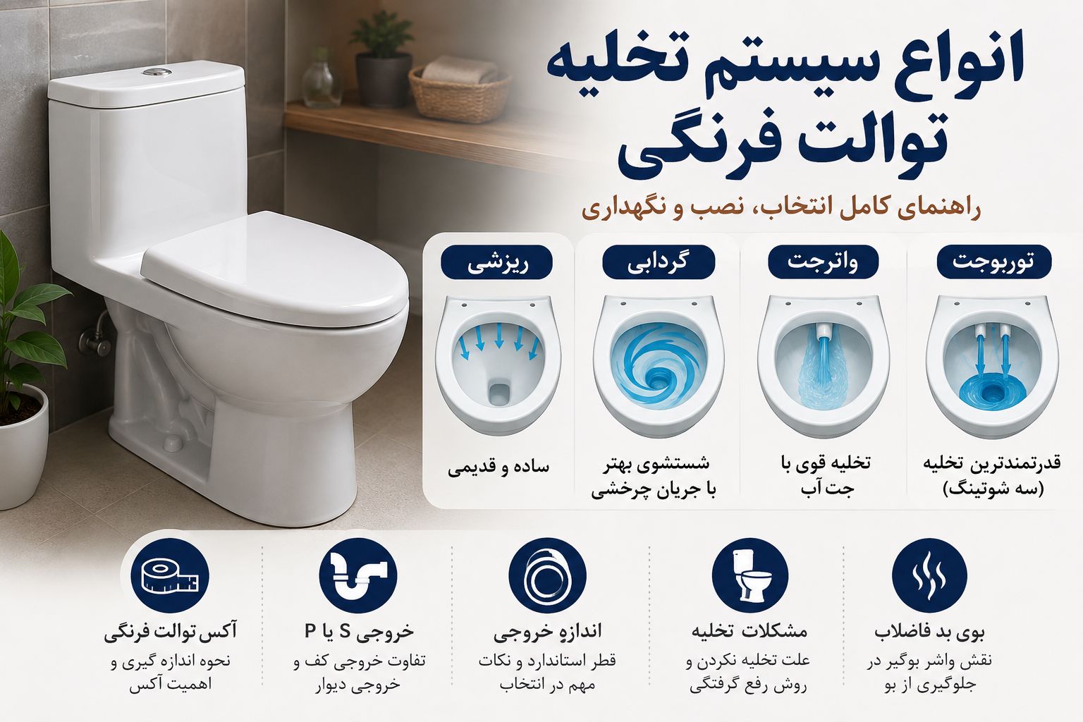 انواع سیستم تخلیه توالت فرنگی؛ از مدل‌های قدیمی تا جدید + آکس، خروجی و رفع مشکل تخلیه